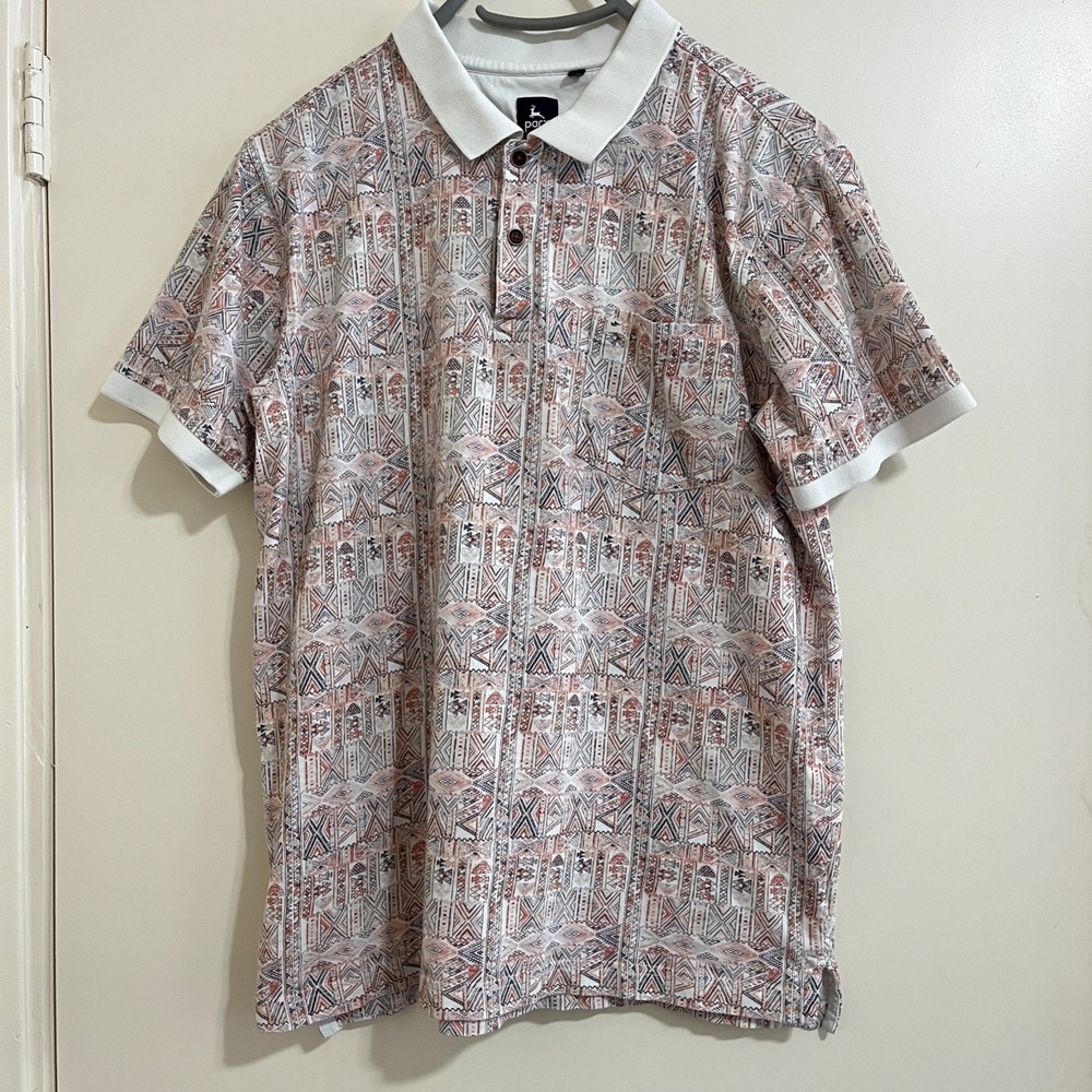 Y2K Men Polo Shirt Large Tribal Geometric Print Eclectic Preppy Resort Vacation